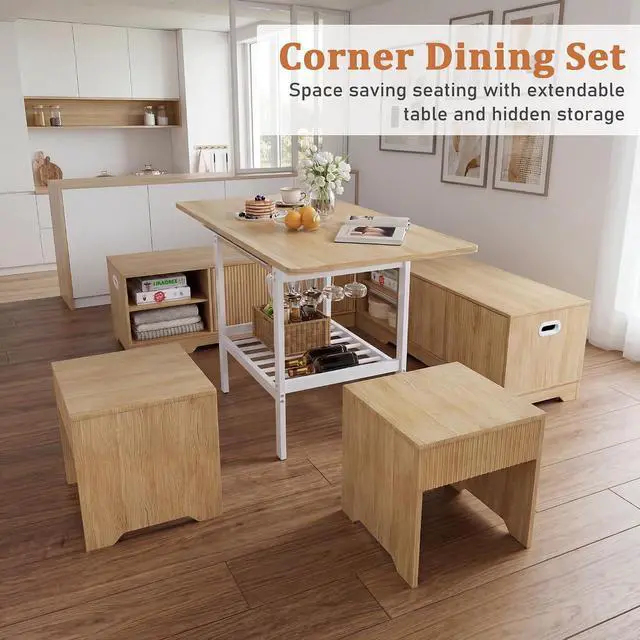 Alt view image 6 of 7 - Extendable Breakfast Nook Set with Storage Bench, Corner Dining Table Set | Extendable Table Design, Hidden Storage Benches, 6-Piece Dining Set, Built-In Glass Holders, Indoor & Outdoor Use