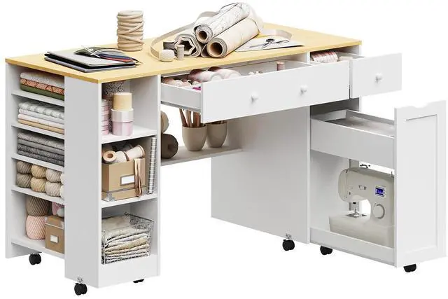 Main image of Rolling Craft Table with Sewing Machine Storage Drawer, Sewing Table with Open Shelves, Project Center Desk with Drawers for Sewing DIY Drafting Writing Table (White+Wood)