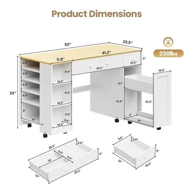 Alt view image 2 of 7 - Rolling Craft Table with Sewing Machine Storage Drawer, Sewing Table with Open Shelves, Project Center Desk with Drawers for Sewing DIY Drafting Writing Table (White+Wood)
