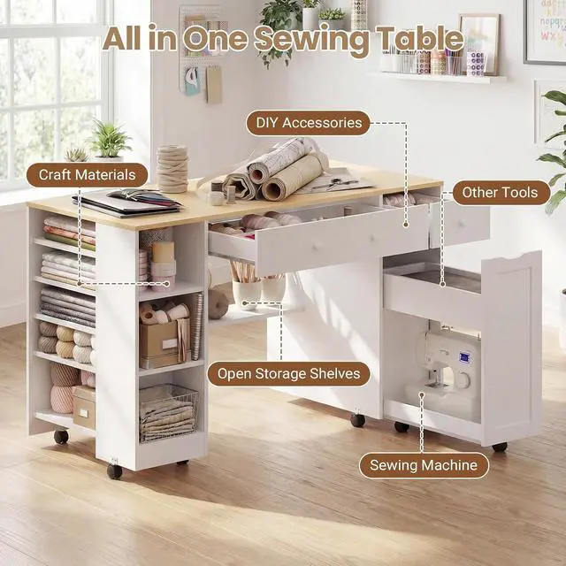 Alt view image 3 of 7 - Rolling Craft Table with Sewing Machine Storage Drawer, Sewing Table with Open Shelves, Project Center Desk with Drawers for Sewing DIY Drafting Writing Table (White+Wood)