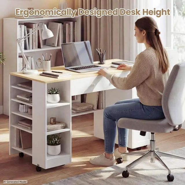 Alt view image 4 of 7 - Rolling Craft Table with Sewing Machine Storage Drawer, Sewing Table with Open Shelves, Project Center Desk with Drawers for Sewing DIY Drafting Writing Table (White+Wood)