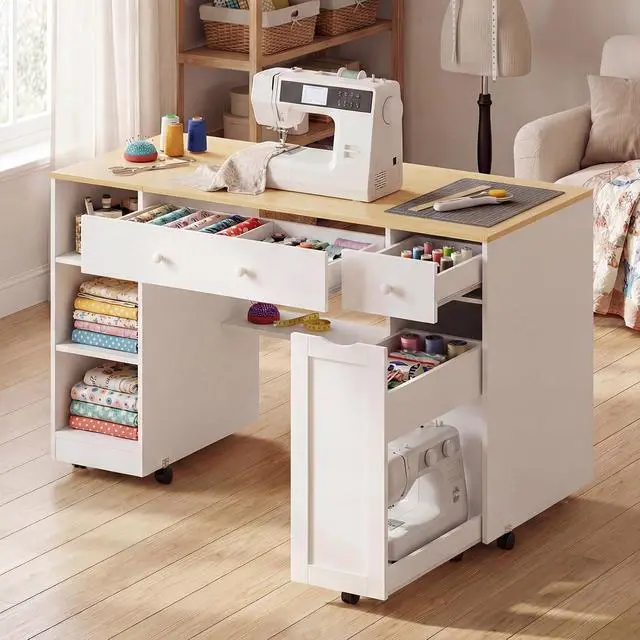 Alt view image 5 of 7 - Rolling Craft Table with Sewing Machine Storage Drawer, Sewing Table with Open Shelves, Project Center Desk with Drawers for Sewing DIY Drafting Writing Table (White+Wood)