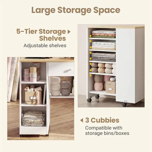 Alt view image 6 of 7 - Rolling Craft Table with Sewing Machine Storage Drawer, Sewing Table with Open Shelves, Project Center Desk with Drawers for Sewing DIY Drafting Writing Table (White+Wood)