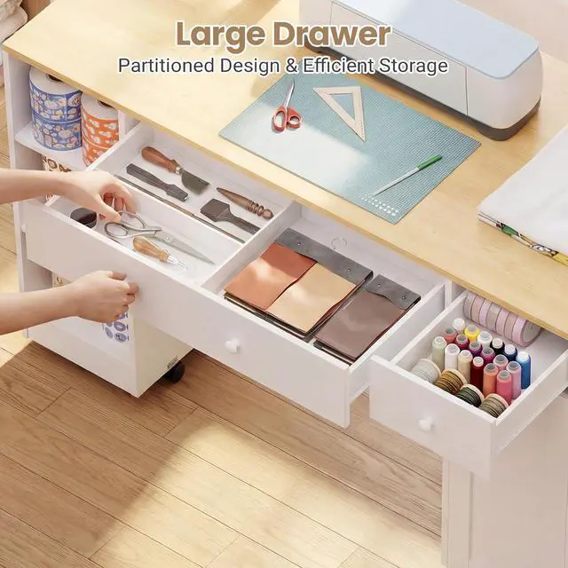 Alt view image 7 of 7 - Rolling Craft Table with Sewing Machine Storage Drawer, Sewing Table with Open Shelves, Project Center Desk with Drawers for Sewing DIY Drafting Writing Table (White+Wood)