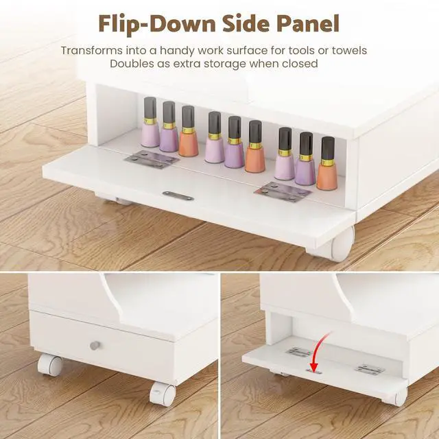 Alt view image 5 of 7 - Rolling Pedicure Foot Rest Stool with Storage, Pull-Out Tray, Drawer & Side Shelf, PU Cushion Spa Station with Wheels for Nail Salon and Home (Pink)