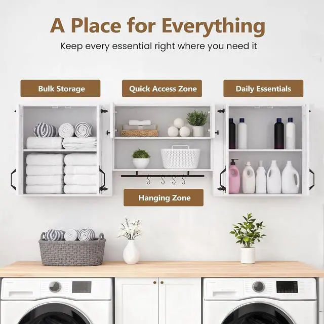 Alt view image 3 of 7 - Wall Mounted Laundry Room Cabinet Farmhouse Wall Cabinet Set | Adjustable Storage Shelf, Sturdy Towel Bar, 4 Sturdy S-Hooks, Farmhouse Storage Cabinets for Laundry, Bathroom, Kitchen