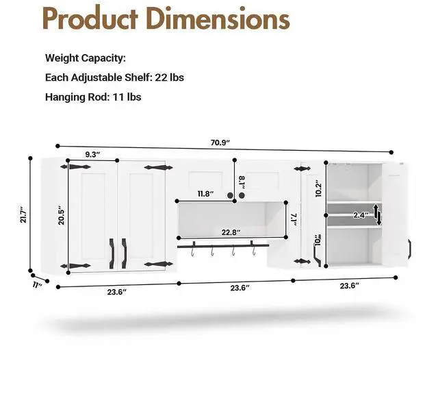 Alt view image 2 of 7 - Wall Mounted Laundry Room Cabinet Farmhouse Wall Cabinet Set | Adjustable Storage Shelf, Sturdy Towel Bar, 4 Sturdy S-Hooks, Farmhouse Storage Cabinets for Laundry, Bathroom, Kitchen