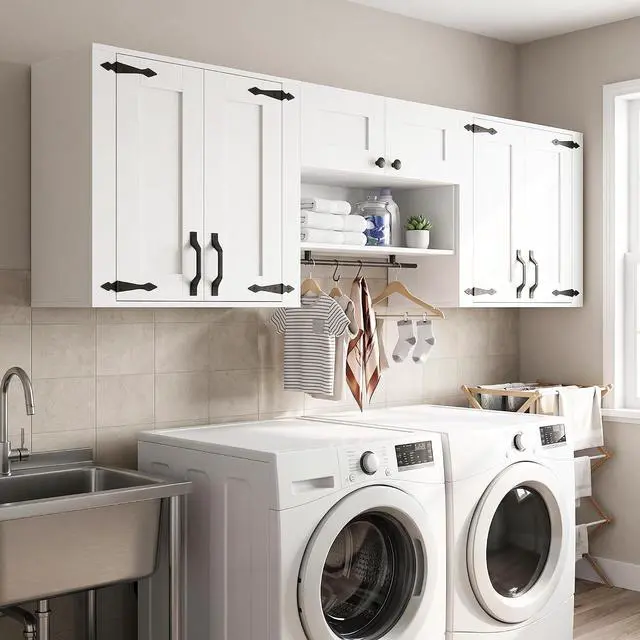 Main image of Wall Mounted Laundry Room Cabinet Farmhouse Wall Cabinet Set | Adjustable Storage Shelf, Sturdy Towel Bar, 4 Sturdy S-Hooks, Farmhouse Storage Cabinets for Laundry, Bathroom, Kitchen