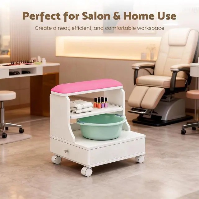 Alt view image 3 of 7 - Rolling Pedicure Foot Rest Stool with Storage, Pull-Out Tray, Drawer & Side Shelf, PU Cushion Spa Station with Wheels for Nail Salon and Home (Pink)