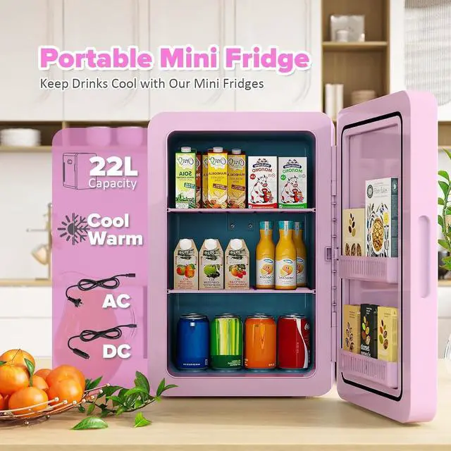 Alt view image 2 of 7 - 22L/30Cans Mini Fridge for Bedroom, Portable Cooler & Warmer | Mini Refrigerator with Glass Front, Small Cooler for Car Office Desk & Dorm Room Food Beverage Skincare Makeup Cosmetics
