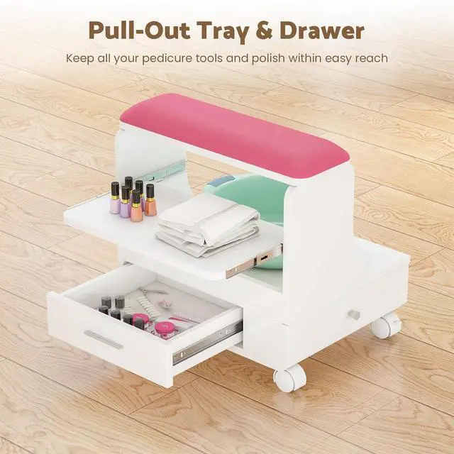 Alt view image 4 of 7 - Rolling Pedicure Foot Rest Stool with Storage, Pull-Out Tray, Drawer & Side Shelf, PU Cushion Spa Station with Wheels for Nail Salon and Home (Pink)