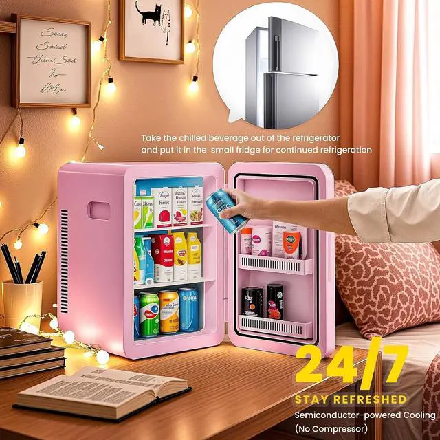 Alt view image 3 of 7 - 22L/30Cans Mini Fridge for Bedroom, Portable Cooler & Warmer | Mini Refrigerator with Glass Front, Small Cooler for Car Office Desk & Dorm Room Food Beverage Skincare Makeup Cosmetics