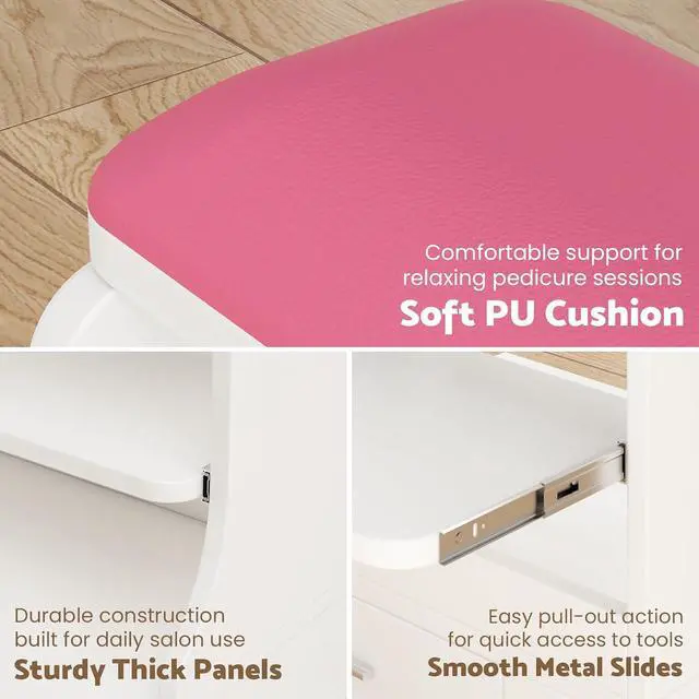Alt view image 7 of 7 - Rolling Pedicure Foot Rest Stool with Storage, Pull-Out Tray, Drawer & Side Shelf, PU Cushion Spa Station with Wheels for Nail Salon and Home (Pink)