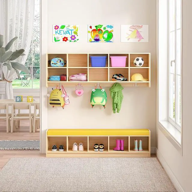 Alt view image 2 of 7 - Wall-Mounted Cubby Storage Organizer 10-Section with Shoe Bench Set, Wooden Wall Cubbies with Hooks and Removable PU Cushion for Home, School, Nursery, and Kindergarten