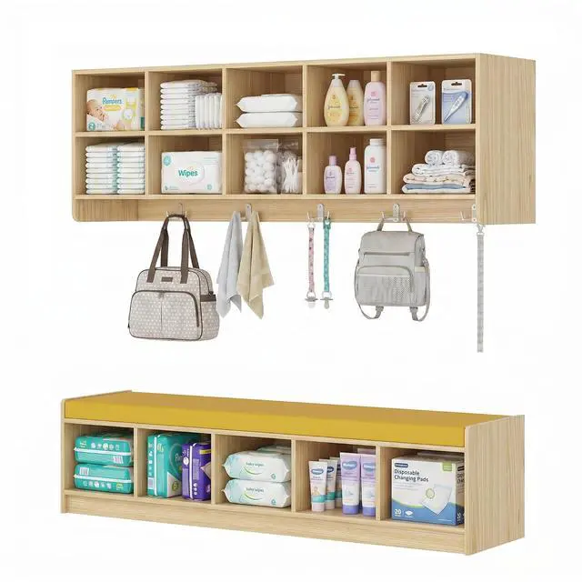 Main image of Wall-Mounted Cubby Storage Organizer 10-Section with Shoe Bench Set, Wooden Wall Cubbies with Hooks and Removable PU Cushion for Home, School, Nursery, and Kindergarten