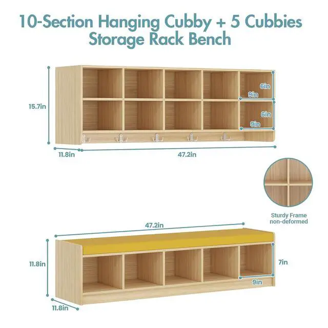 Alt view image 3 of 7 - Wall-Mounted Cubby Storage Organizer 10-Section with Shoe Bench Set, Wooden Wall Cubbies with Hooks and Removable PU Cushion for Home, School, Nursery, and Kindergarten