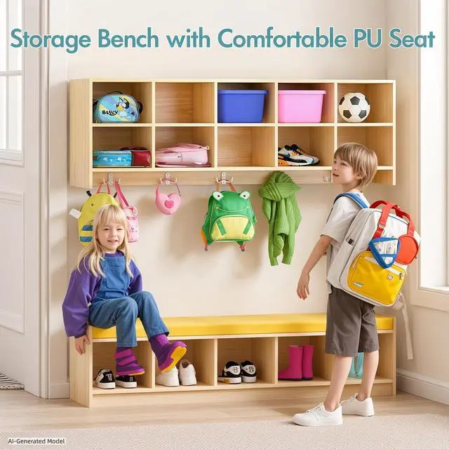 Alt view image 4 of 7 - Wall-Mounted Cubby Storage Organizer 10-Section with Shoe Bench Set, Wooden Wall Cubbies with Hooks and Removable PU Cushion for Home, School, Nursery, and Kindergarten