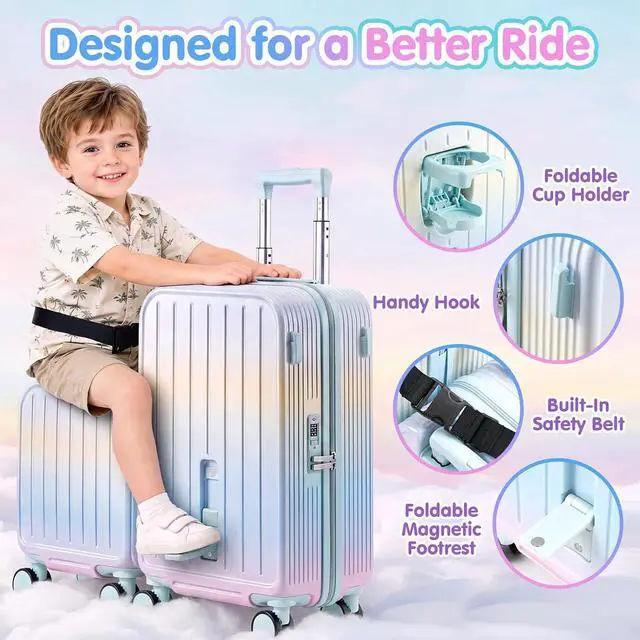 Alt view image 4 of 7 - Ride On Suitcase for Kids 2 Piece Carry On Luggage Set (Macaron Gradient) | 20"+ 14" Toddler Ride on Suitcase Set, ABS+PC HardShell, Silent Spinner Wheels, Safety Belt, Foldable Cup Holder