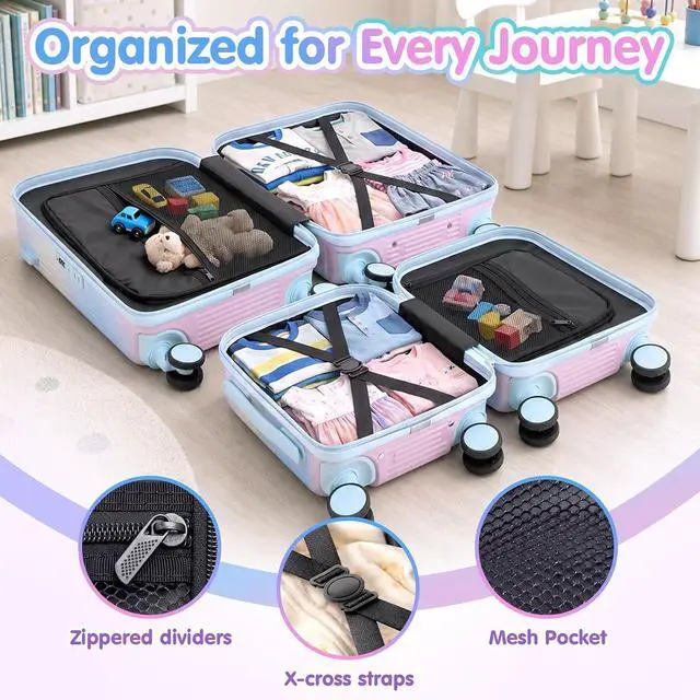 Alt view image 6 of 7 - Ride On Suitcase for Kids 2 Piece Carry On Luggage Set (Macaron Gradient) | 20"+ 14" Toddler Ride on Suitcase Set, ABS+PC HardShell, Silent Spinner Wheels, Safety Belt, Foldable Cup Holder