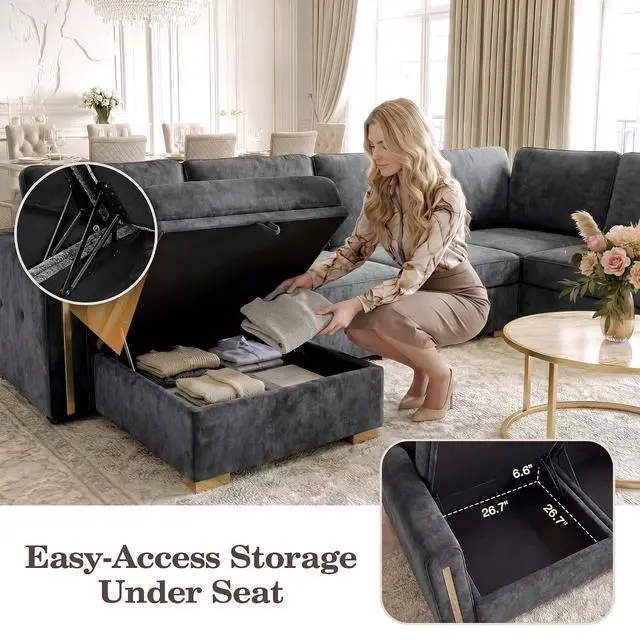 Alt view image 7 of 7 - Oversized Modular Sectional Sofa, Chenille Sofa with Storage, Deep Seat | Storage Under Each Seat, Extra Deep Seating, Chenille Fabric, Flexible Layout, Gold Metal Accents, Washable Covers