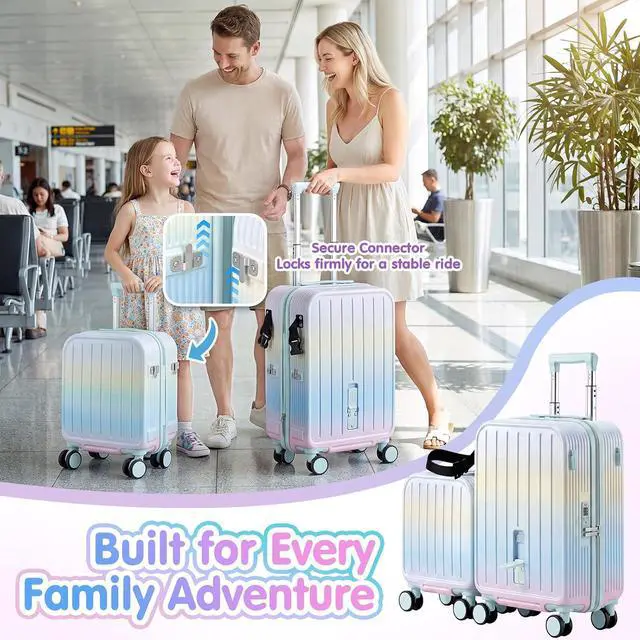 Alt view image 7 of 7 - Ride On Suitcase for Kids 2 Piece Carry On Luggage Set (Macaron Gradient) | 20"+ 14" Toddler Ride on Suitcase Set, ABS+PC HardShell, Silent Spinner Wheels, Safety Belt, Foldable Cup Holder