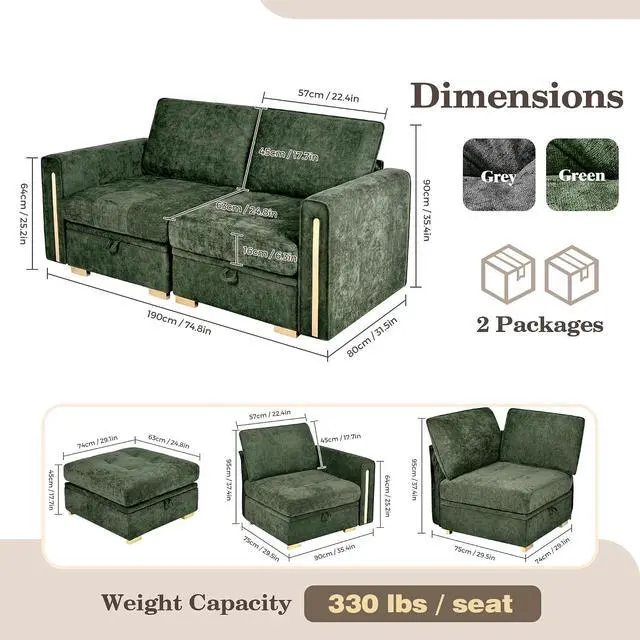 Alt view image 2 of 7 - Oversized Modular Chenille Loveseat with Storage, Comfy Extra Deep & Wide Seat Couch with Gold Metal Accents & Legs for Living Room (Green)