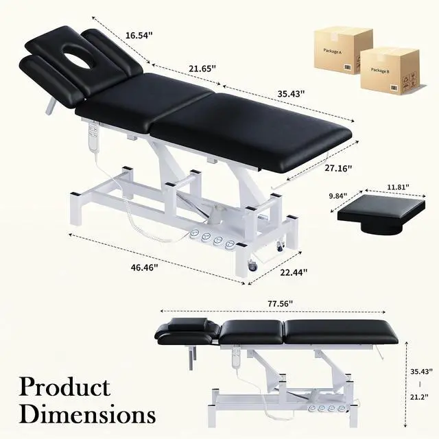 Alt view image 2 of 7 - 2-Motor Electric Massage Table for Physical Therapy (Black, with Stool) | Professional Treatment & Medical Exam Table with Wheels, 3-Section Lumbar Lift & Height Adjustable for Facial Tattoo Waxing