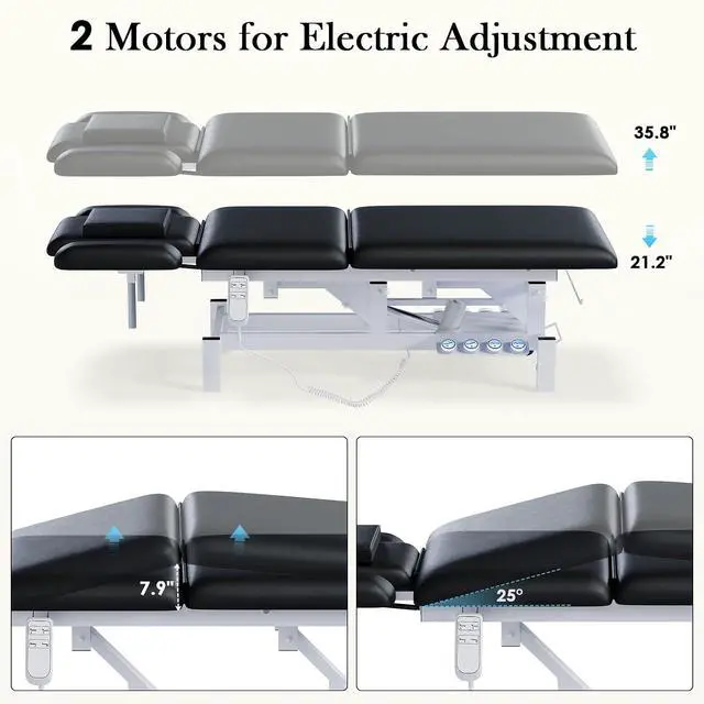 Alt view image 6 of 7 - 2-Motor Electric Massage Table for Physical Therapy (Black, with Stool) | Professional Treatment & Medical Exam Table with Wheels, 3-Section Lumbar Lift & Height Adjustable for Facial Tattoo Waxing