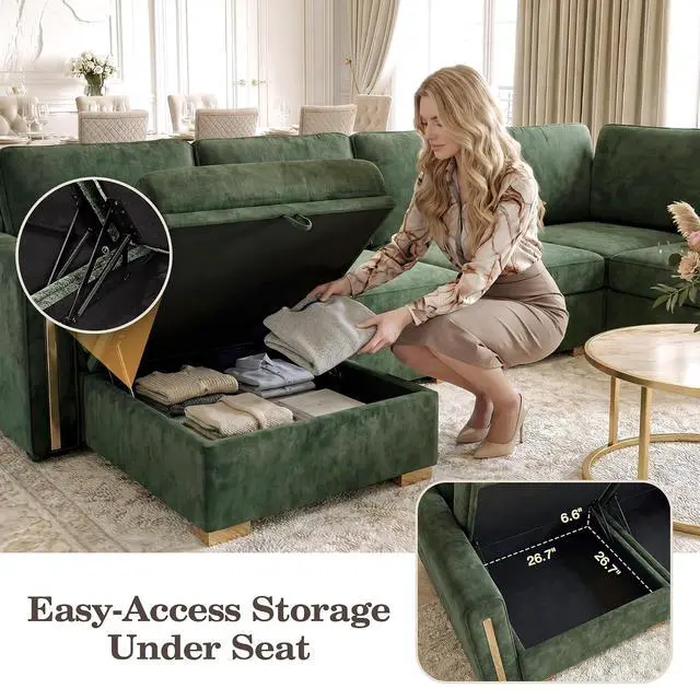 Alt view image 5 of 7 - Oversized Modular Chenille Loveseat with Storage, Comfy Extra Deep & Wide Seat Couch with Gold Metal Accents & Legs for Living Room (Green)