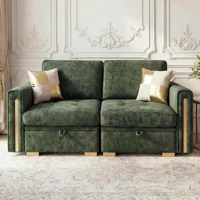 Alt view image 6 of 7 - Oversized Modular Chenille Loveseat with Storage, Comfy Extra Deep & Wide Seat Couch with Gold Metal Accents & Legs for Living Room (Green)