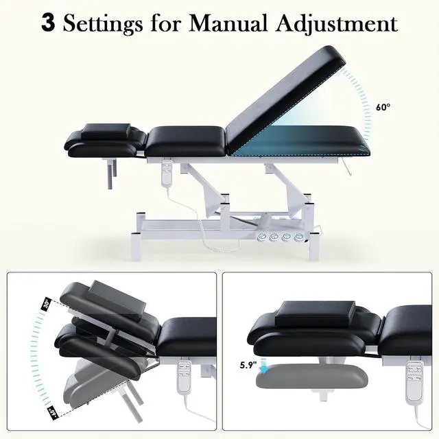 Alt view image 7 of 7 - 2-Motor Electric Massage Table for Physical Therapy (Black, with Stool) | Professional Treatment & Medical Exam Table with Wheels, 3-Section Lumbar Lift & Height Adjustable for Facial Tattoo Waxing