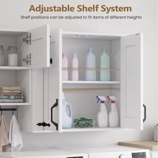Alt view image 4 of 7 - Wall Mounted Laundry Room Cabinet Farmhouse Wall Cabinet Set | Adjustable Storage Shelf, Sturdy Towel Bar, 4 Sturdy S-Hooks, Farmhouse Storage Cabinets for Laundry, Bathroom, Kitchen