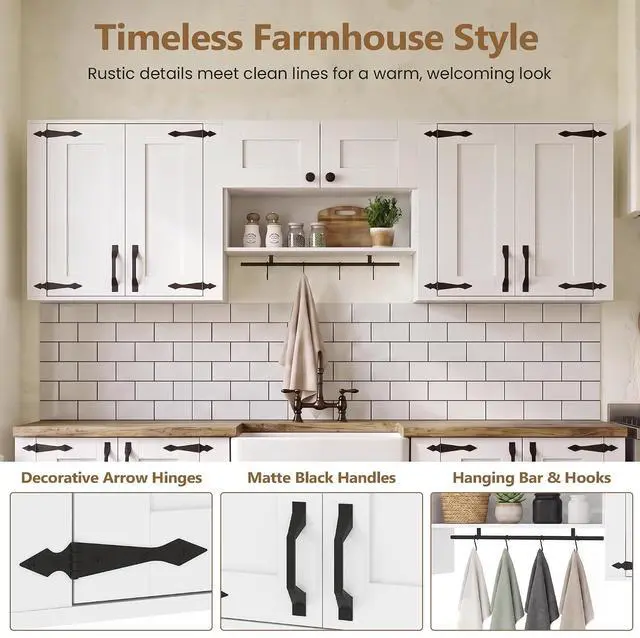 Alt view image 5 of 7 - Wall Mounted Laundry Room Cabinet Farmhouse Wall Cabinet Set | Adjustable Storage Shelf, Sturdy Towel Bar, 4 Sturdy S-Hooks, Farmhouse Storage Cabinets for Laundry, Bathroom, Kitchen