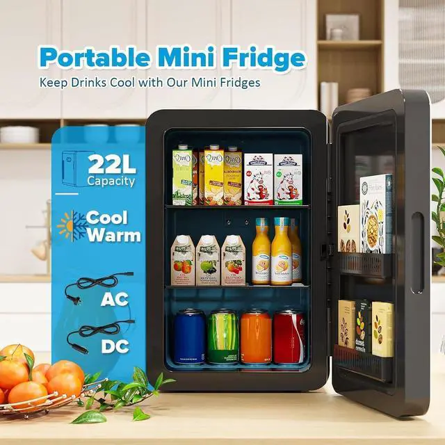 Alt view image 2 of 7 - 22L/30Cans Mini Fridge for Bedroom, Portable Cooler & Warmer | Mini Refrigerator with Glass Front, Small Cooler for Car Office Desk & Dorm Room Food Beverage Skincare Makeup Cosmetics