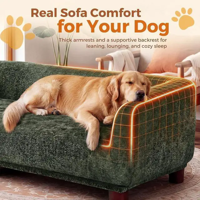 Alt view image 3 of 7 - Dog Couch Sofa for Large & Extra Large Dogs, Elevated Pet Bed with Legs, Button Tufted Chenille Dog Couch with Backrest and Armrests, Modern Indoor Dog Furniture (Green, XL - 47" x 24" x 15")