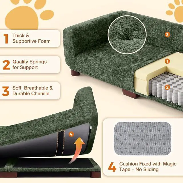 Alt view image 4 of 7 - Dog Couch Sofa for Large & Extra Large Dogs, Elevated Pet Bed with Legs, Button Tufted Chenille Dog Couch with Backrest and Armrests, Modern Indoor Dog Furniture (Green, XL - 47" x 24" x 15")