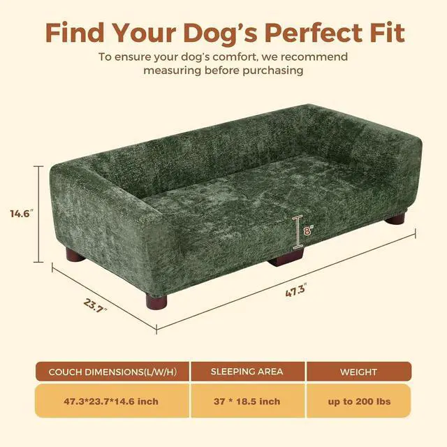 Alt view image 2 of 7 - Dog Couch Sofa for Large & Extra Large Dogs, Elevated Pet Bed with Legs, Button Tufted Chenille Dog Couch with Backrest and Armrests, Modern Indoor Dog Furniture (Green, XL - 47" x 24" x 15")