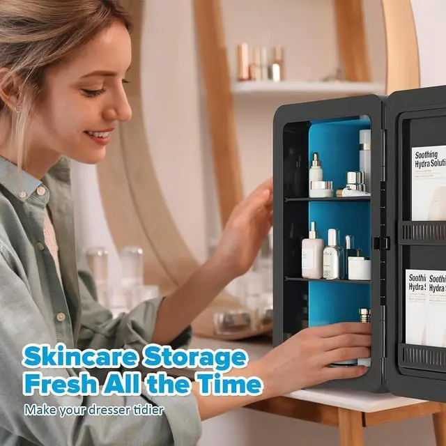 Alt view image 3 of 7 - 22L/30Cans Mini Fridge for Bedroom, Portable Cooler & Warmer | Mini Refrigerator with Glass Front, Small Cooler for Car Office Desk & Dorm Room Food Beverage Skincare Makeup Cosmetics