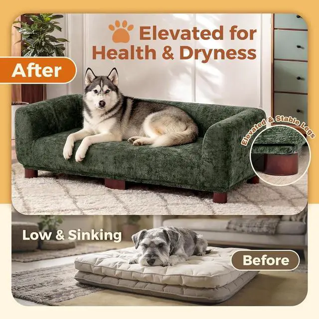 Alt view image 6 of 7 - Dog Couch Sofa for Large & Extra Large Dogs, Elevated Pet Bed with Legs, Button Tufted Chenille Dog Couch with Backrest and Armrests, Modern Indoor Dog Furniture (Green, XL - 47" x 24" x 15")