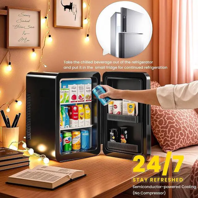 Alt view image 5 of 7 - 22L/30Cans Mini Fridge for Bedroom, Portable Cooler & Warmer | Mini Refrigerator with Glass Front, Small Cooler for Car Office Desk & Dorm Room Food Beverage Skincare Makeup Cosmetics
