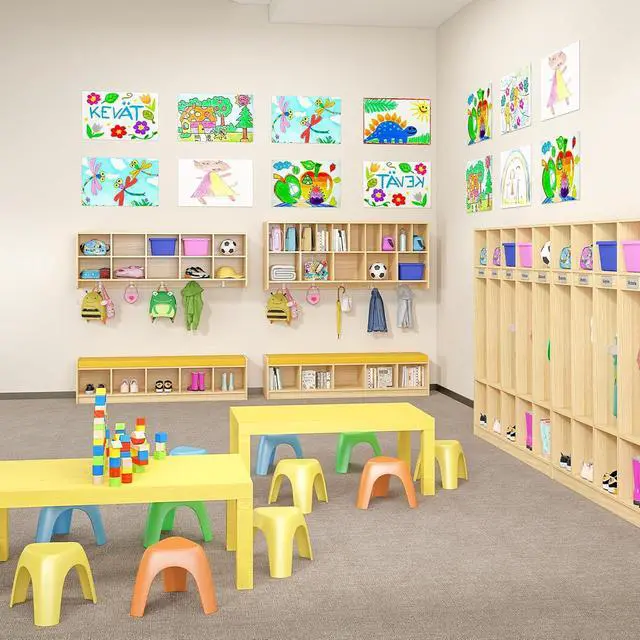 Alt view image 7 of 7 - Wall-Mounted Cubby Storage Organizer 10-Section with Shoe Bench Set, Wooden Wall Cubbies with Hooks and Removable PU Cushion for Home, School, Nursery, and Kindergarten