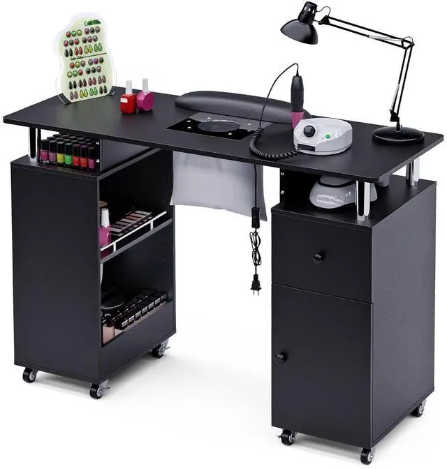 Main image of Manicure Table, Nail Desk Nail Tech Table with Dust Collector, Arm Rest, Wheels, Drawer & Cabinet, Beauty Salon Station, Black
