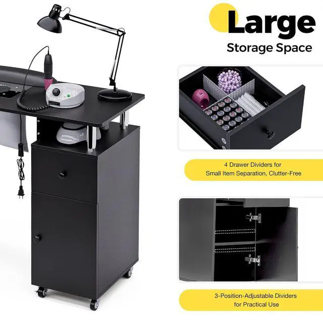 Alt view image 4 of 7 - Manicure Table Nail Desk for Nail Tech with Dust Collector & Wrist Rest, Acetone Resistant Beauty Salon Station with Lockable Wheels, Black