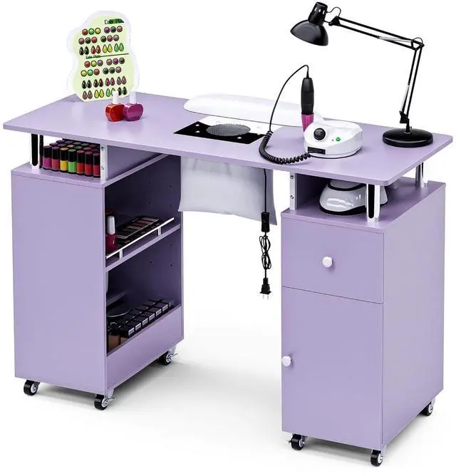 Main image of Manicure Table, Nail Desk Nail Tech Table with Dust Collector, Arm Rest, Wheels, Drawer & Cabinet, Beauty Salon Station, Purple