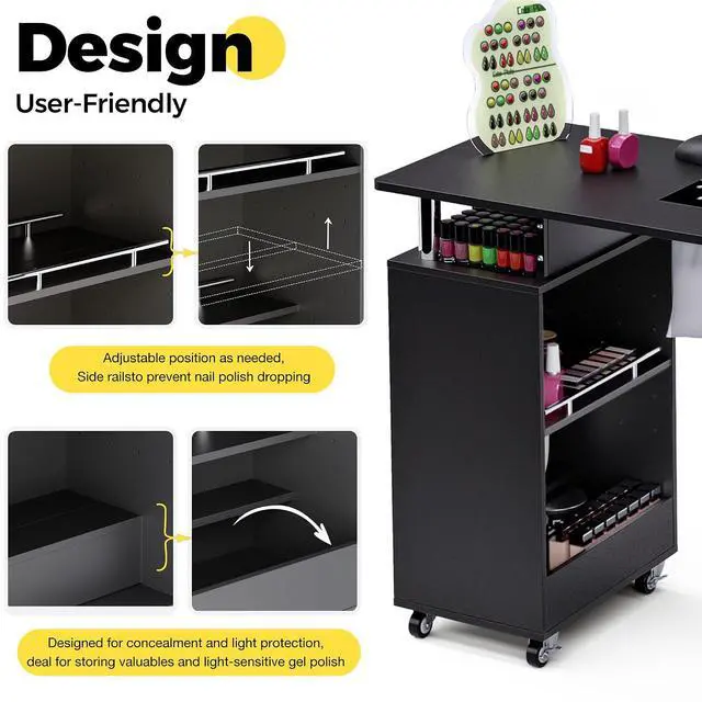 Alt view image 3 of 7 - Manicure Table Nail Desk for Nail Tech with Dust Collector & Wrist Rest, Acetone Resistant Beauty Salon Station with Lockable Wheels, Black