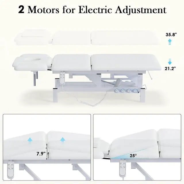 Alt view image 4 of 7 - 2-Motor Electric Massage Table for Physical Therapy (White) | Angle & Height Adjustable, Wheels for Easy Mobility, Professional Treatment & Medical Exam Table for Facial, Tattoo, Waxing