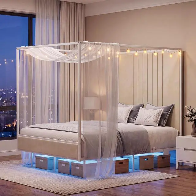 Alt view image 3 of 7 - Full Canopy Platform Bed with Charging Station & LED Lights | 4-Poster Canopy Design, Heavy-Duty Steel Frame, 11-Inch Under-Bed Storage, No Box Spring Needed, Easy Assembly & Noise-Free