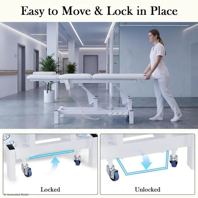 Alt view image 7 of 7 - 2-Motor Electric Massage Table for Physical Therapy (White) | Angle & Height Adjustable, Wheels for Easy Mobility, Professional Treatment & Medical Exam Table for Facial, Tattoo, Waxing