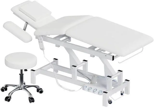 Main image of 2-Motor Electric Massage Table for Physical Therapy (White, with Stool) | Professional Treatment & Medical Exam Table with Wheels, 3-Section Lumbar Lift & Height Adjustable for Facial Tattoo Waxing