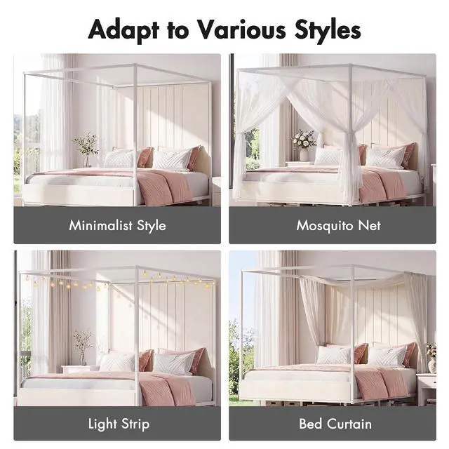 Alt view image 7 of 7 - Full Canopy Platform Bed with Charging Station & LED Lights | 4-Poster Canopy Design, Heavy-Duty Steel Frame, 11-Inch Under-Bed Storage, No Box Spring Needed, Easy Assembly & Noise-Free